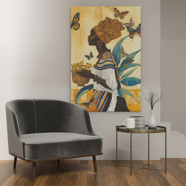 Canvas schilderij interieur Afrikaanse Vrouw met een Mand met Vlinders