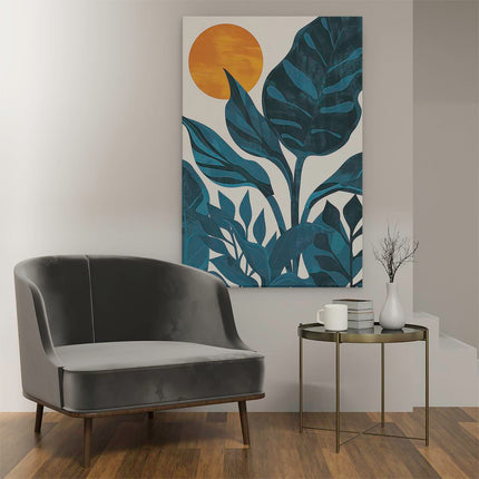 Canvas schilderij interieur Illustratie van een Tropische Scène met Bladeren en een Zon