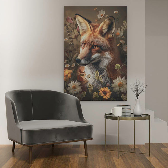 Canvas schilderij interieur Vos in een Veld met Bloemen