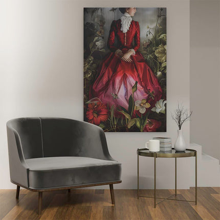 Canvas schilderij interieur Vrouw in een Rode Jurk