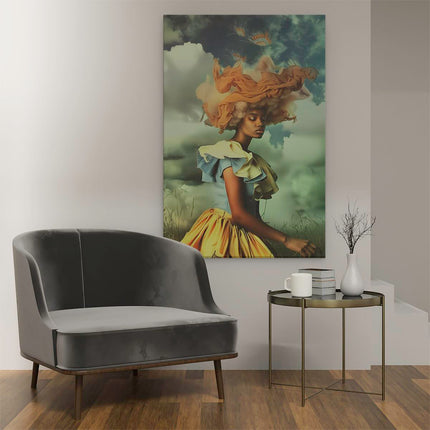 Canvas schilderij interieur Vrouw in een Gele Jurk Staande in een Veld