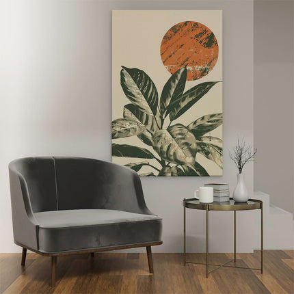 Canvas schilderij interieur Plant met een Zon op de Achtergrond