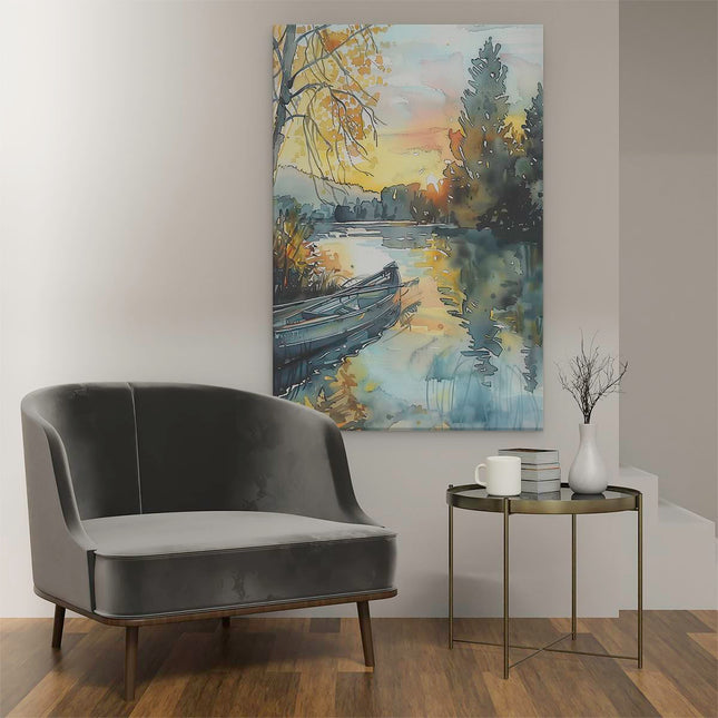 Canvas schilderij interieur Aquarelkunstwerk van een Kano op een Rivier