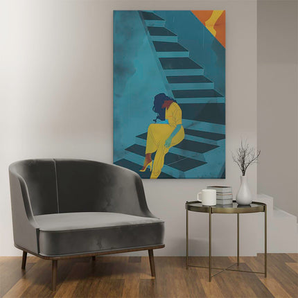 Canvas schilderij interieur Vrouw Zittend op de Trap