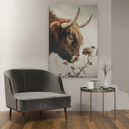 Canvas schilderij interieur Koe met Lange Hoorns in een Veld met Bloemen