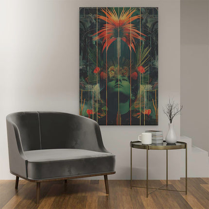 Canvas schilderij interieur Het Hoofd van de Vrouw is Omgeven door Planten en Bloemen