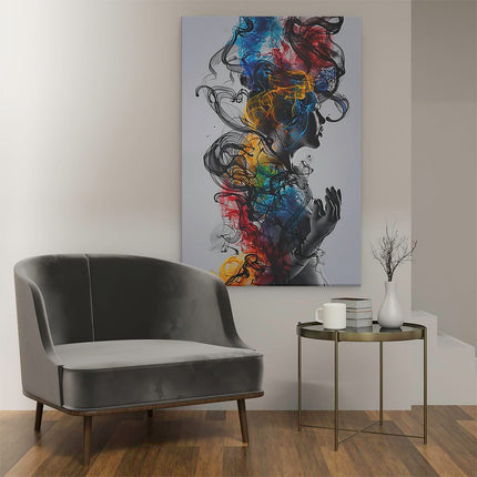Canvas schilderij interieur Vrouw met Kleurrijke Rook in haar Haar