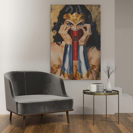 Canvas schilderij interieur Wondervrouw die een Boek Vasthoudt