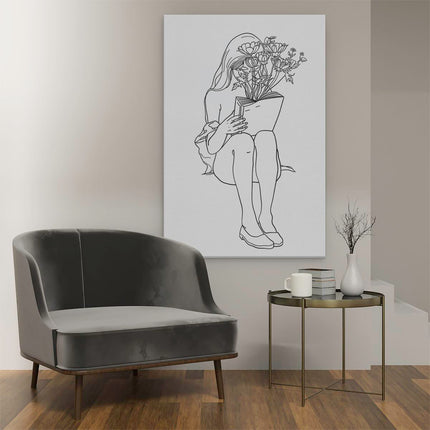 Canvas schilderij interieur Meisje dat een Boek met Bloemen Leest