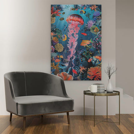 Canvas schilderij interieur Onderwatertafereel met Kwallen en Koralen