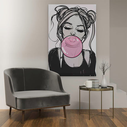 Canvas schilderij interieur Meisje Blaast een Roze Kauwgom