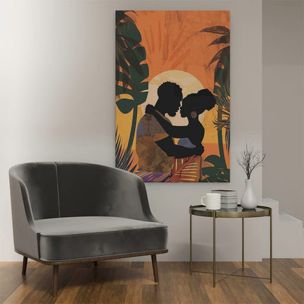 Canvas schilderij interieur Man en Vrouw Knuffelen voor een Palmboom bij Zonsondergang
