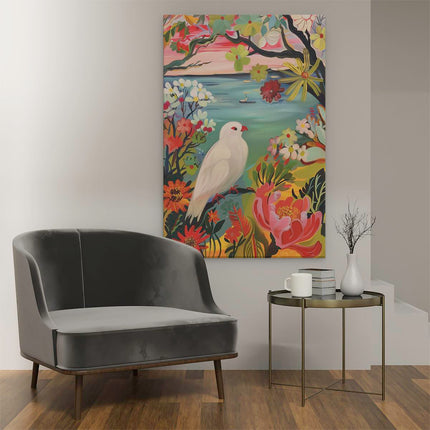 Canvas schilderij interieur Witte Duif Zat op een Tak met Bloemen op de Achtergrond