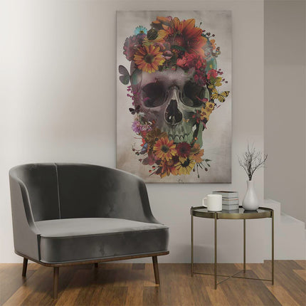 Canvas schilderij interieur De Schedel is Bedekt met Bloemen en Vlinders