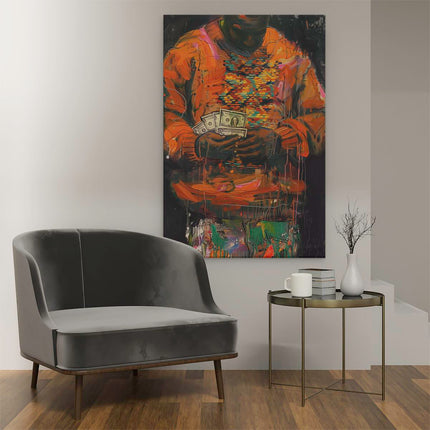 Canvas schilderij interieur Man in een Oranje Trui met Geld