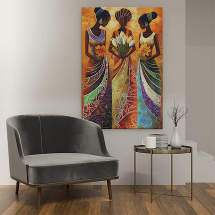 Canvas schilderij interieur Drie Afrikaanse Vrouwen met Bloemen in hun Handen