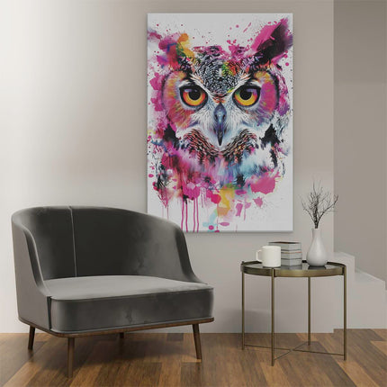 Canvas schilderij interieur Uil met Kleurrijke Verfspatten op zijn Gezicht