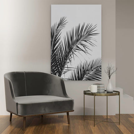 Canvas schilderij interieur Zwart Wit Beeld van Palmbladeren tegen een Witte Achtergrond