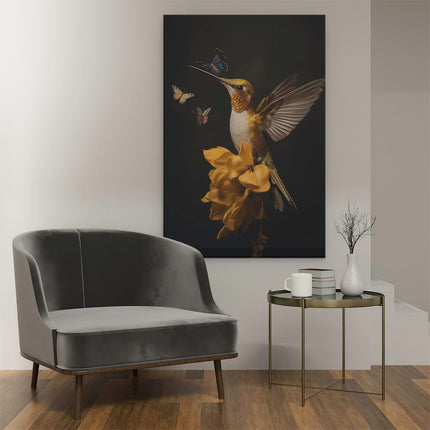Canvas schilderij interieur Kolibrie met Vlinders op een Bloem