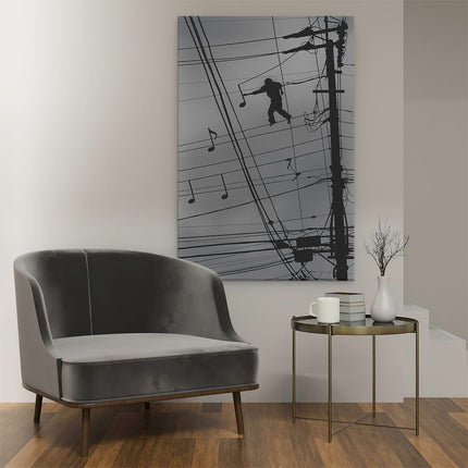 Canvas schilderij interieur Silhouet van een Man op een Hoogspanningslijn met Muzieknoten