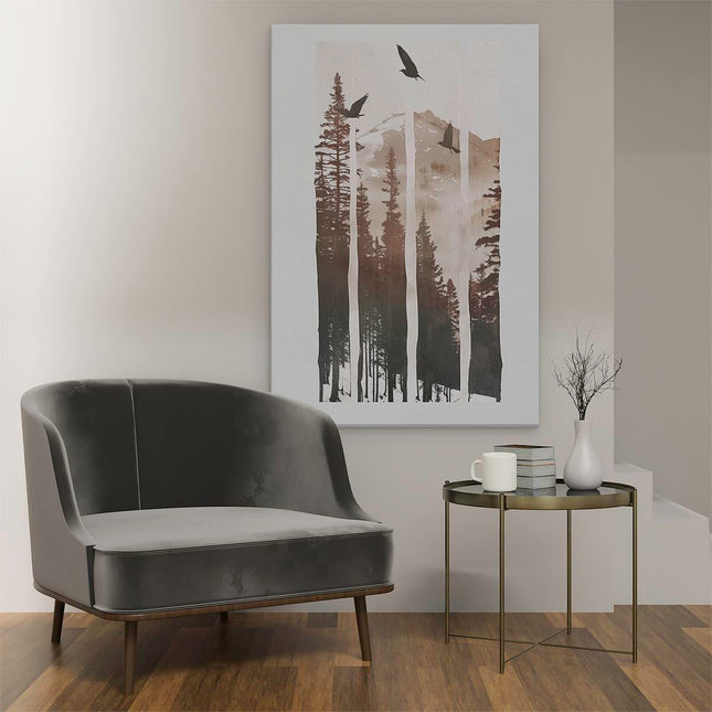 Canvas schilderij interieur Kraaien die over een Bos Vliegen