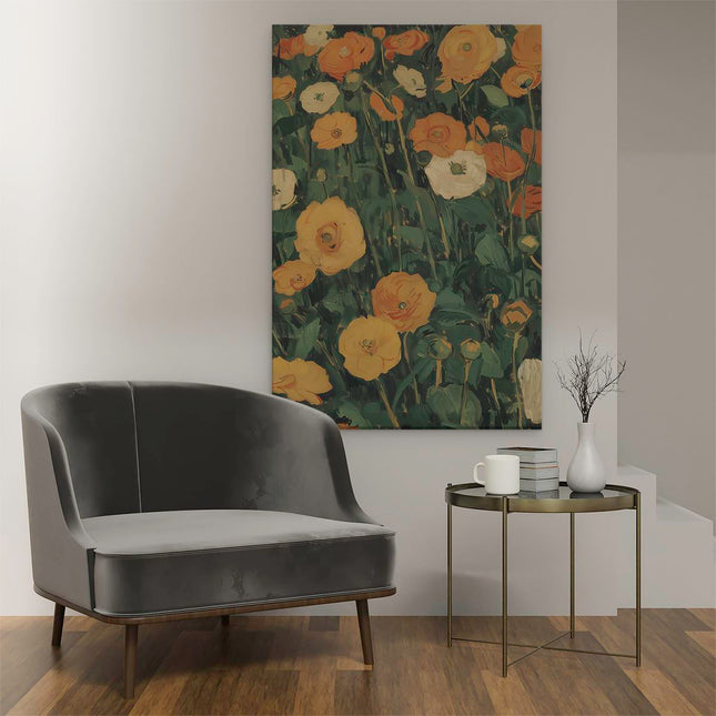 Canvas schilderij interieur Oranje en Witte Bloemen in een Veld