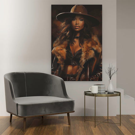 Canvas schilderij interieur Vrouw in een Bontjas en Hoed