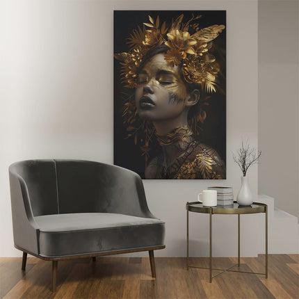 Canvas schilderij interieur Vrouw met Gouden Bladeren op haar Gezicht