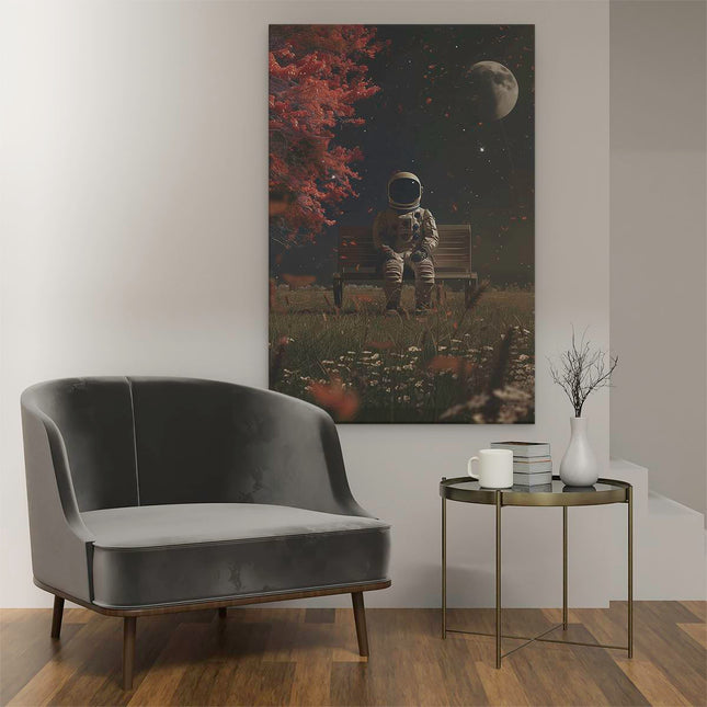 Canvas schilderij interieur Astronaut Zittend op een Bankje