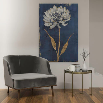 Canvas schilderij interieur Blauwe en Gouden Bloem op een Blauwe Achtergrond