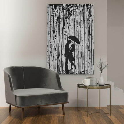 Canvas schilderij interieur Paar Zoenen onder een Paraplu in de Regen