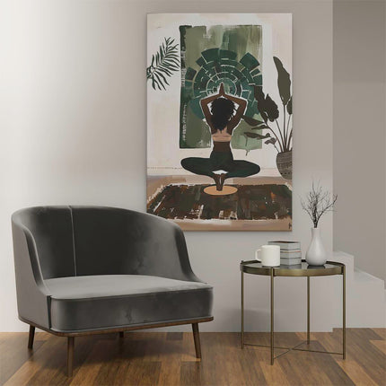 Canvas schilderij interieur Vrouw doet Yoga op een Tapijt