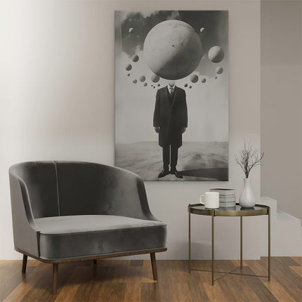 Canvas schilderij interieur Man in een Pak met veel Bollen op zijn Hoofd