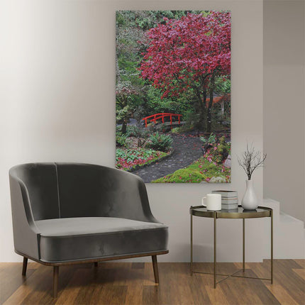 Canvas schilderij interieur Japans Tuinpad met Rode Brug