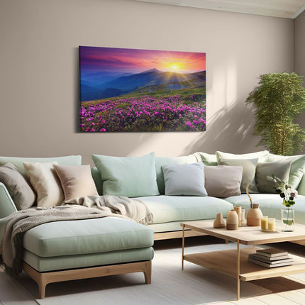 Canvas schilderij woonkamer Roze Rhododendron Bloemenveld - Bergen