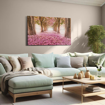 Canvas schilderij woonkamer Romantische Bomen Tunnel Met Roze Anjers