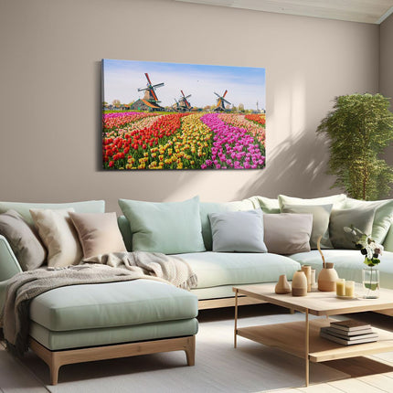 Canvas schilderij woonkamer Kleurrijke Tulpen Bloemenveld - Windmolen