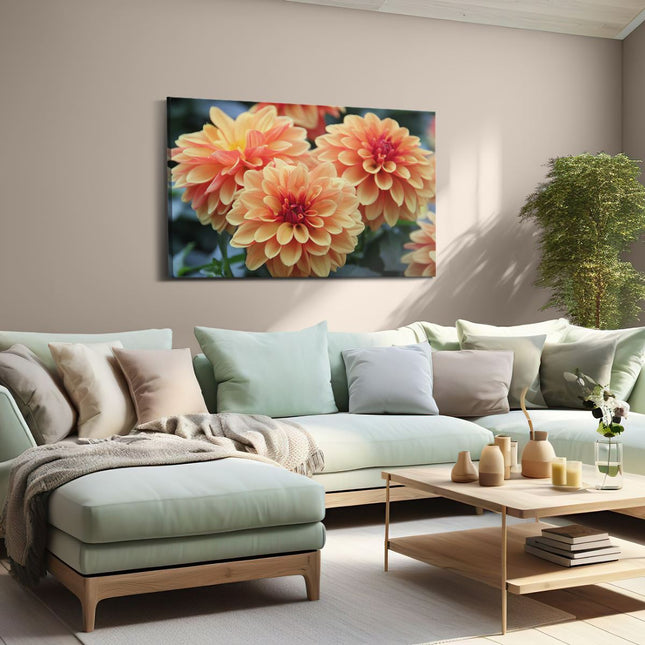 Canvas schilderij woonkamer Oranje Dahlia Bloemen 
