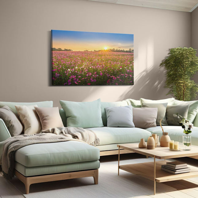 Canvas schilderij woonkamer Bloemenveld Met Roze Kosmos 