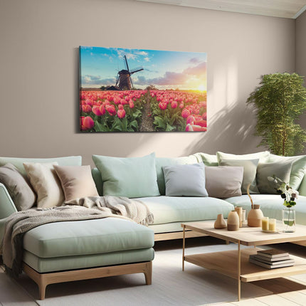 Canvas schilderij woonkamer Roze Tulpen Bloemenveld - Met Windmolen