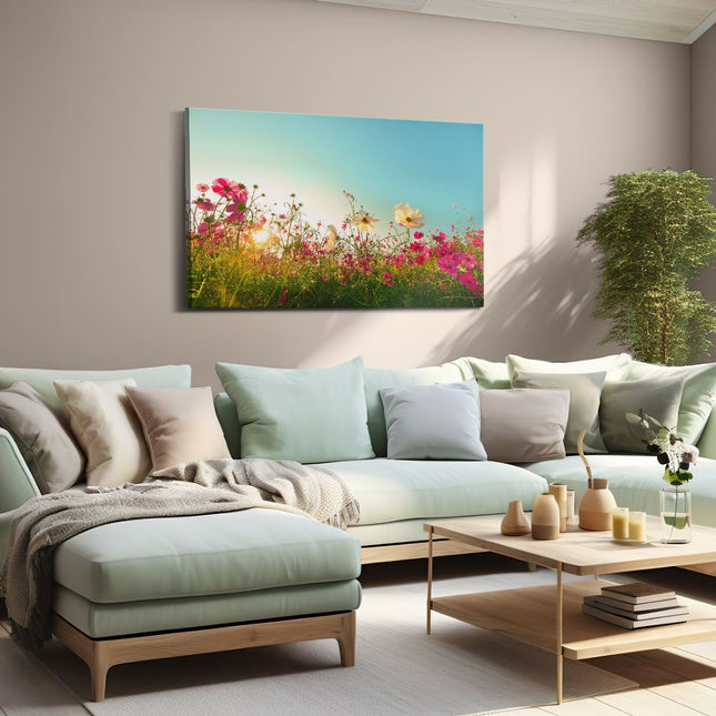 Canvas schilderij woonkamer Kosmos Bloemenveld Met Een Opkomende Zon