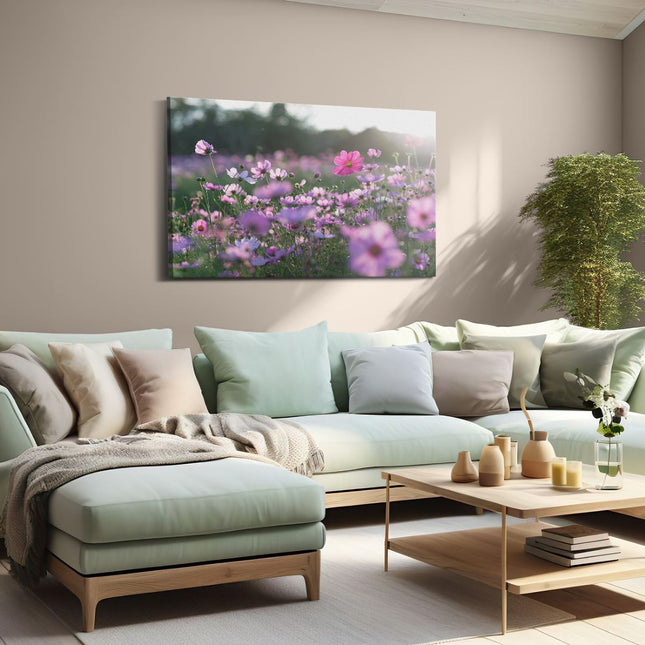 Canvas schilderij woonkamer Bloemenveld Met Paarse Kosmos 