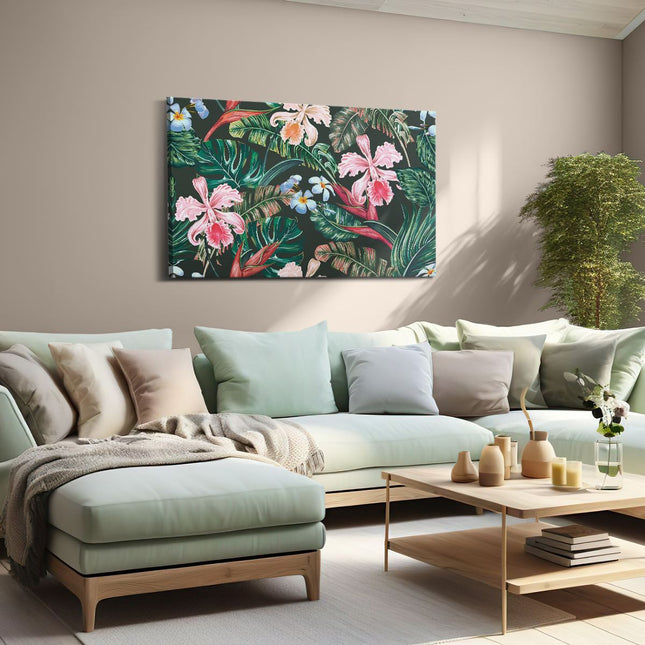 Canvas schilderij woonkamer Getekende Tropische Bloemen - Abstract
