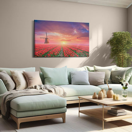 Canvas schilderij woonkamer Rode Rozen Bloemenveld Met Een Windmolen