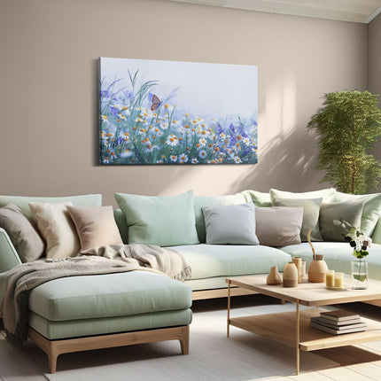 Canvas schilderij woonkamer Witte Kamille Bloemen Met Een Vlinder