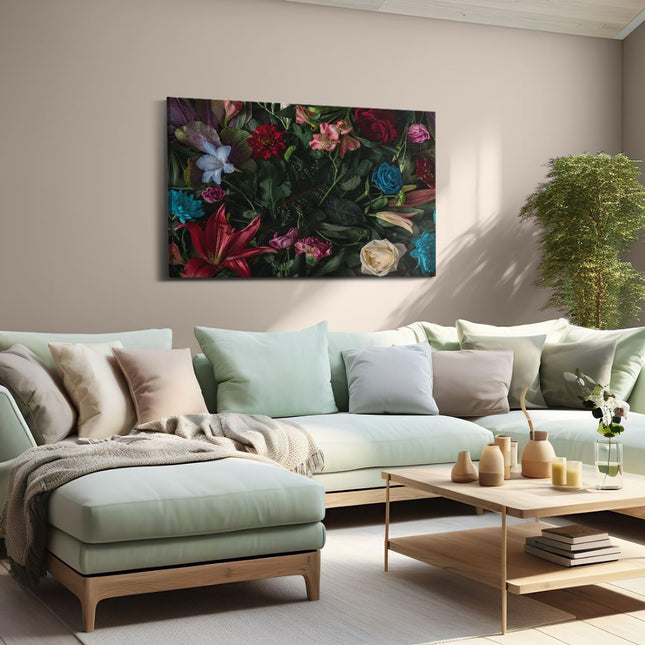 Canvas schilderij woonkamer Kleurrijke Bloemen Met Groene Bladeren