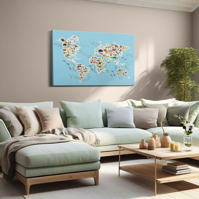 Canvas schilderij woonkamer Wereldkaart Met Dieren 