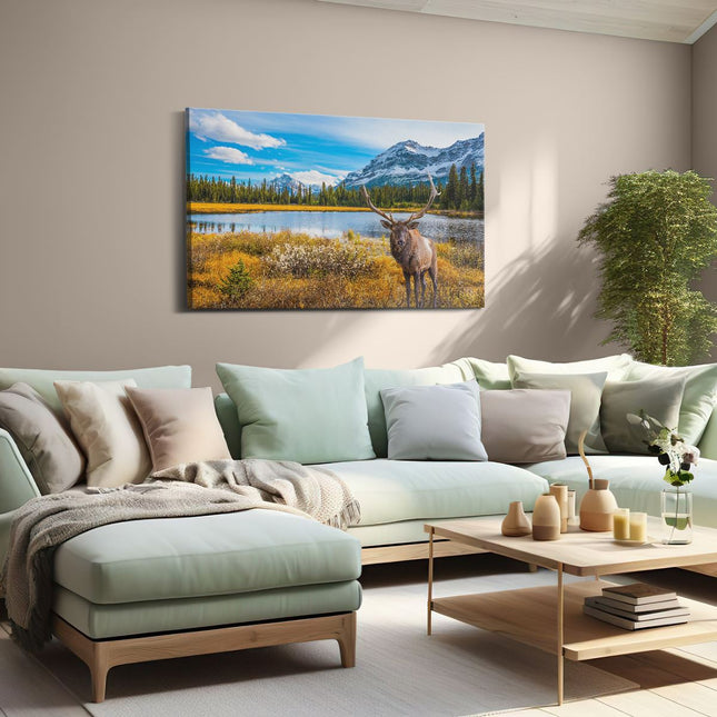 Canvas schilderij woonkamer Hert In De Bergen Bij Een Meer