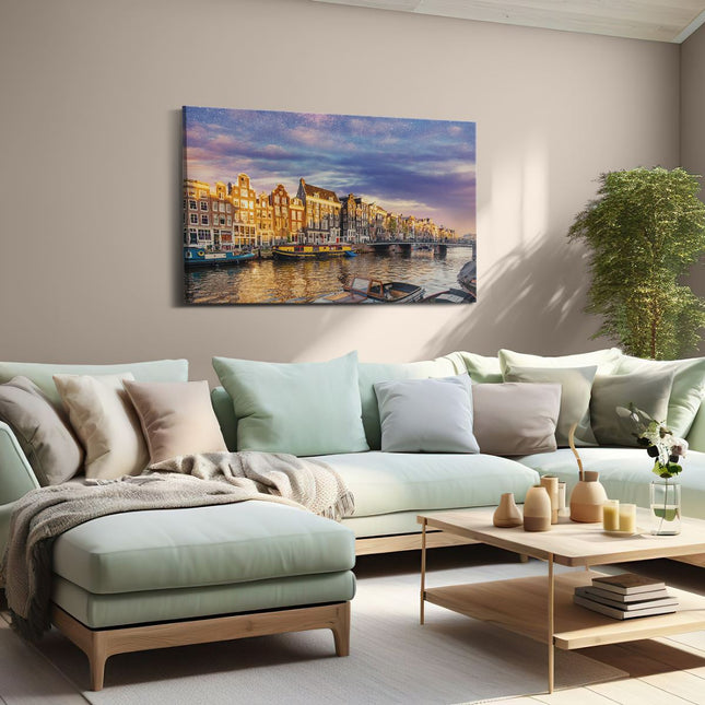 Canvas schilderij woonkamer Amsterdamse Gracht In De Nacht Met Sterren