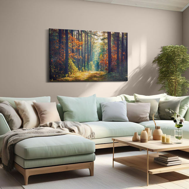 Canvas schilderij woonkamer Herfstbos Met Zonneschijn - Kleur